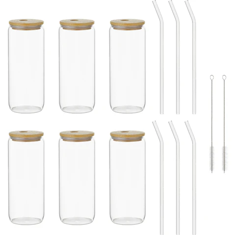 Set of 6 Glass Cups with Bamboo Lids Straw - 600ml