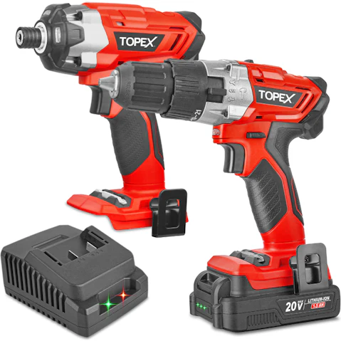 TOPEX 20V Cordless Combo Kit Hammer Drill and Impact Driver with Fast Charger