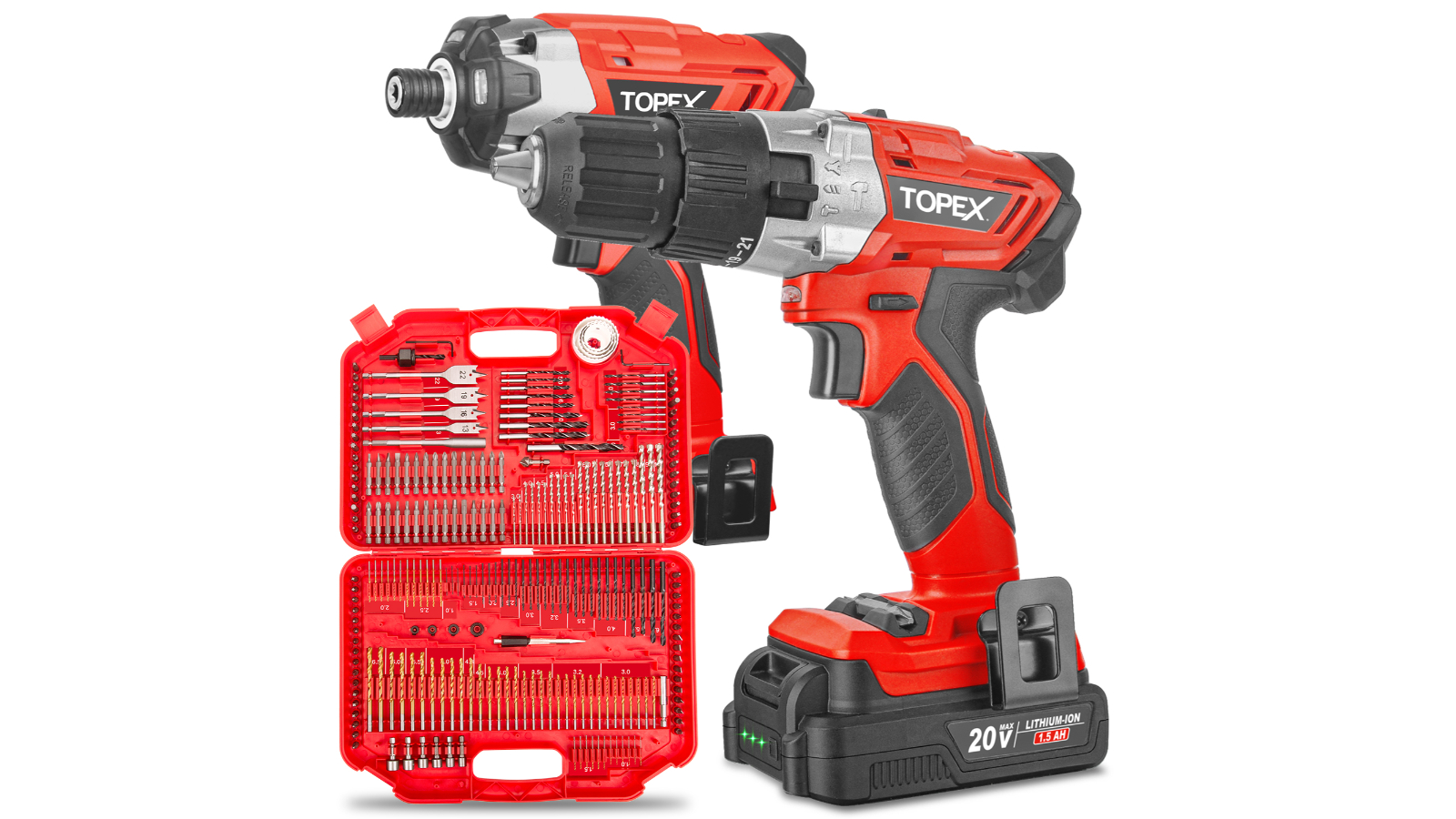 Topex 20V Cordless Hammer Drill Impact Driver Power Tool Combo Kit with Drill Bits