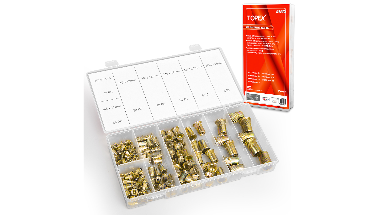 TOPEX 150 Piece Rivet Nut Bolt Steel Rivets Tool Flange Blind Nutserts Flat Zinc M3-M12