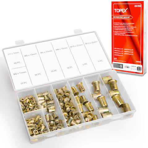 TOPEX 150 Piece Rivet Nut Bolt Steel Rivets Tool Flange Blind Nutserts Flat Zinc M3-M12