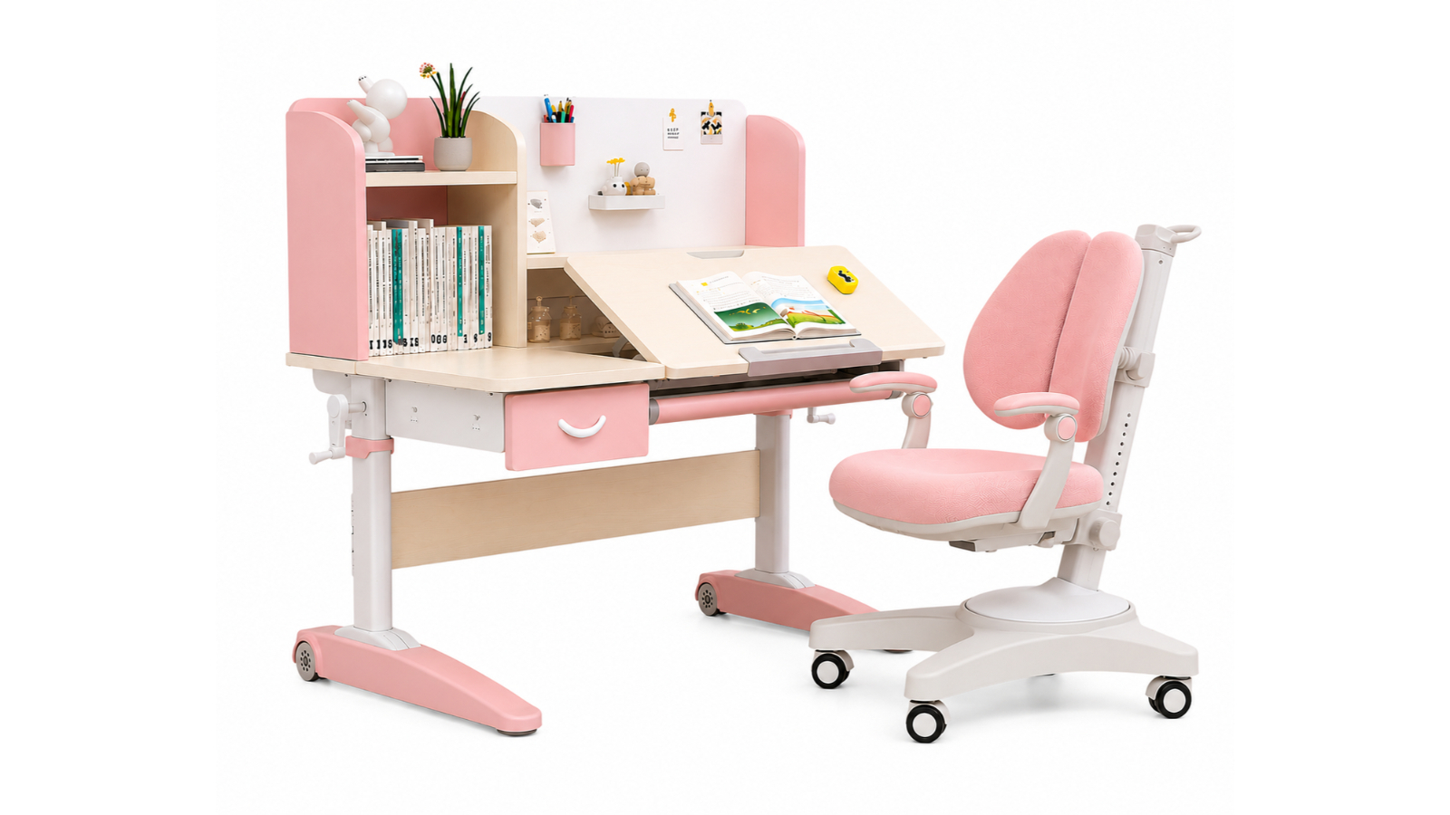 Hubsite Kids Pink Adjustable Study Desk and Chair Set - with Storage, Tiltable Desktop and Ergonomic Chair