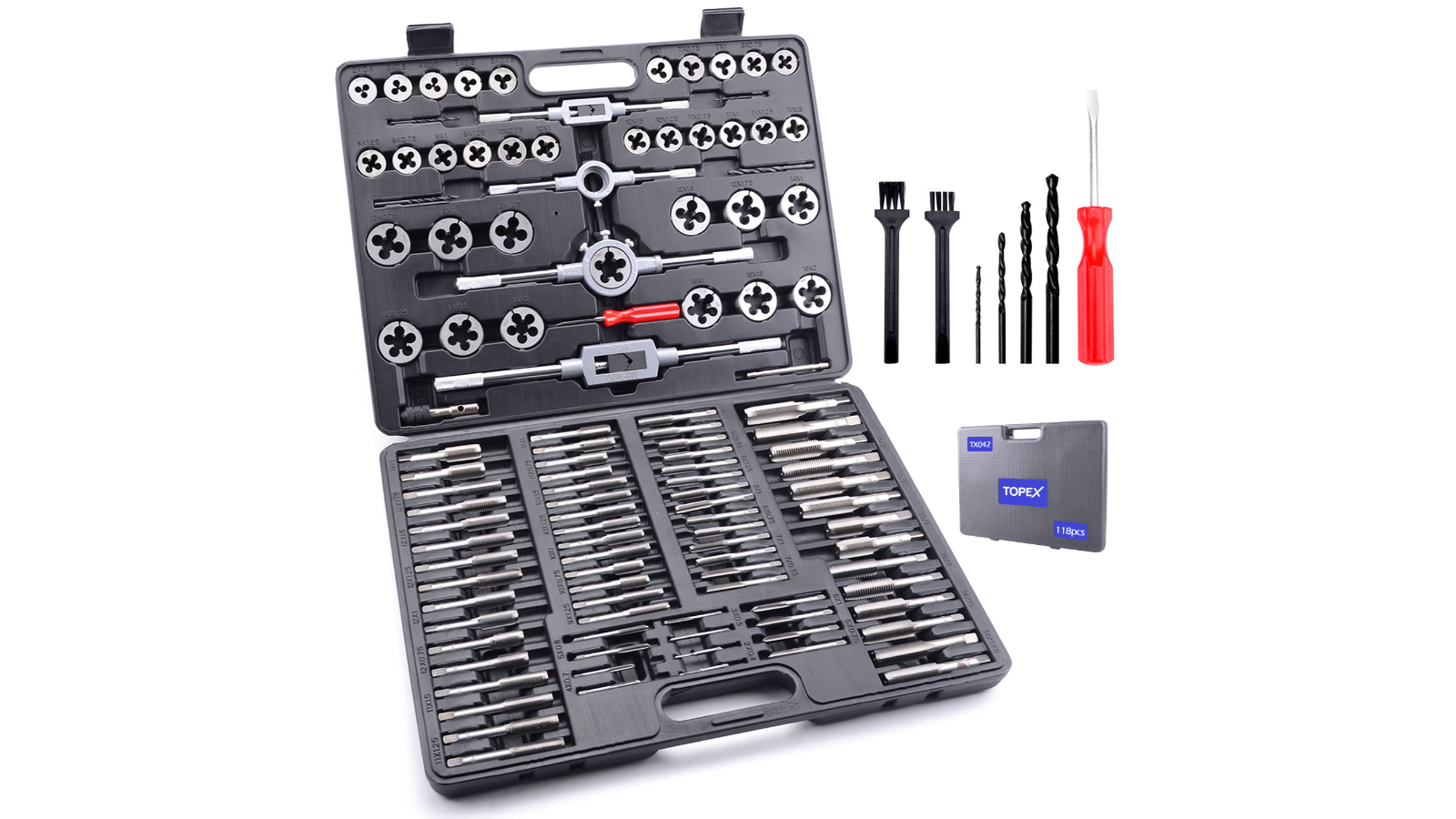 TOPEX 118 Piece Metric Tap and Die Set Screw Thread Drill Repair Kit M2-M18