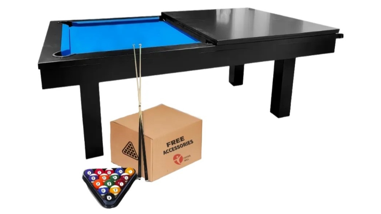 TopOne Sports Luxury 7ft Slate Black Frame Pool and Dining Table with Accessories Package - Blue Felt