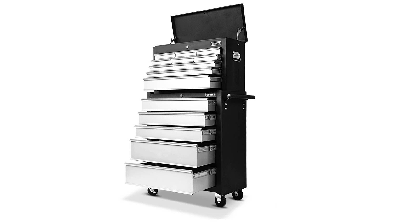 Giantz 14 Drawers Trolley Tool Box Cabinet Chest Storage - Black/Silver