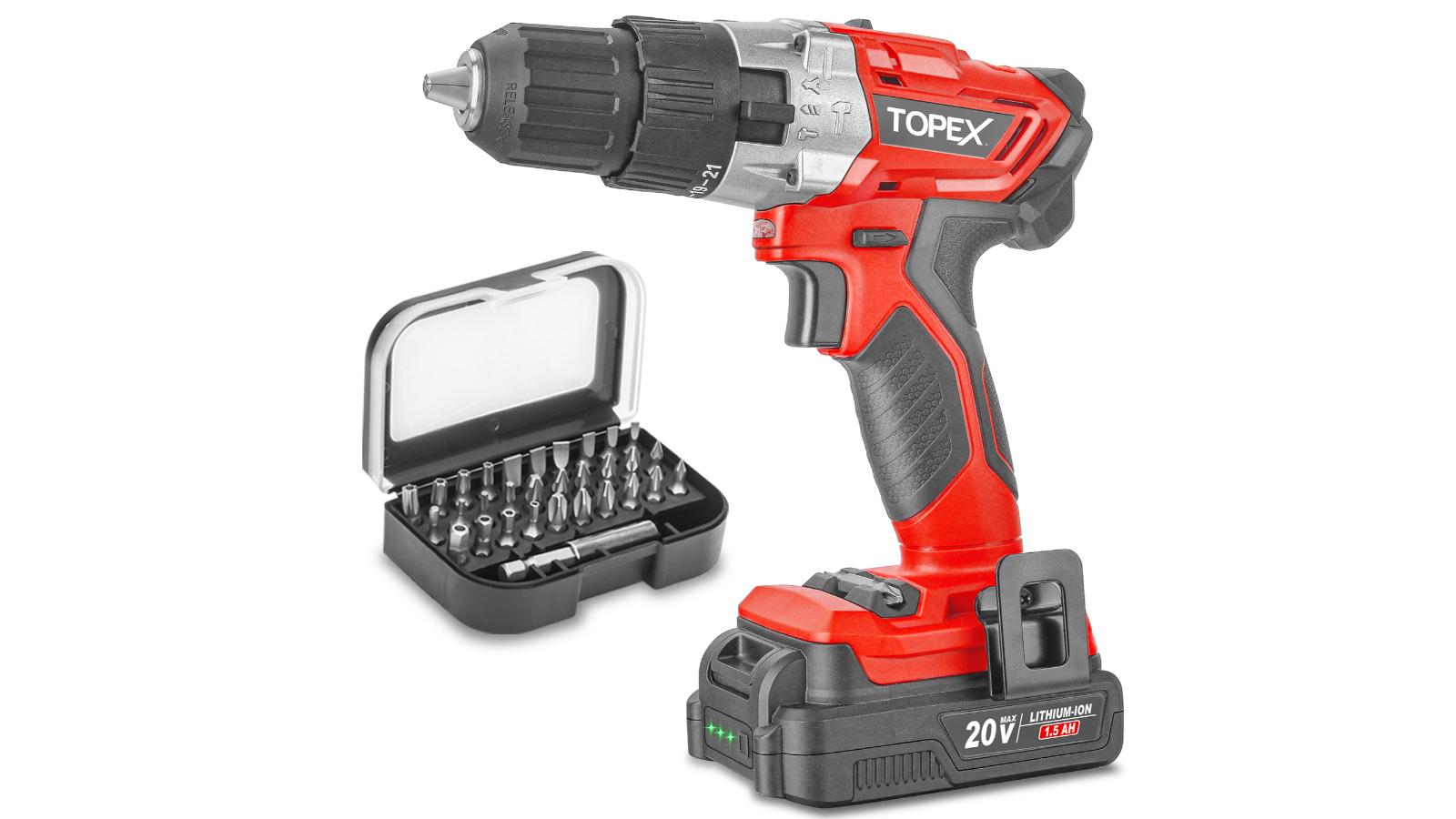 TOPEX 20V Max Cordless Hammer Drill with Li-Ion Battery and Screwdriver Bit Set