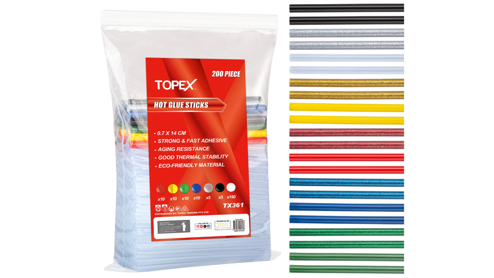 TOPEX 200pce Glue Stick Hot Melt Glue Stick Adhesive Craft Stick Glue Gun 7 X 140MM Various Color