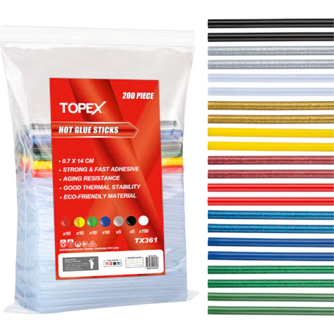 TOPEX 200pce Glue Stick Hot Melt Glue Stick Adhesive Craft Stick Glue Gun 7 X 140MM Various Color