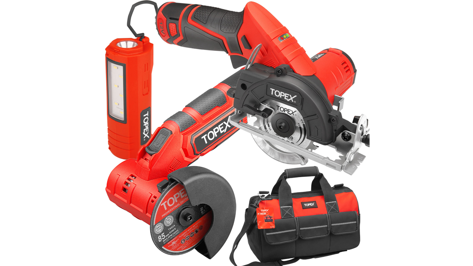 Topex 12V Cordless Power Tool Kit Angle Grinder Circular Saw LED Torch
