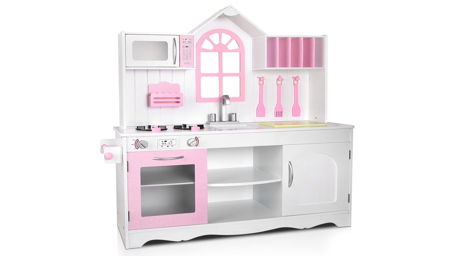 Keezi Wooden Kitchen Play Set - Pink/White