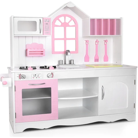 Keezi Wooden Kitchen Play Set - Pink/White