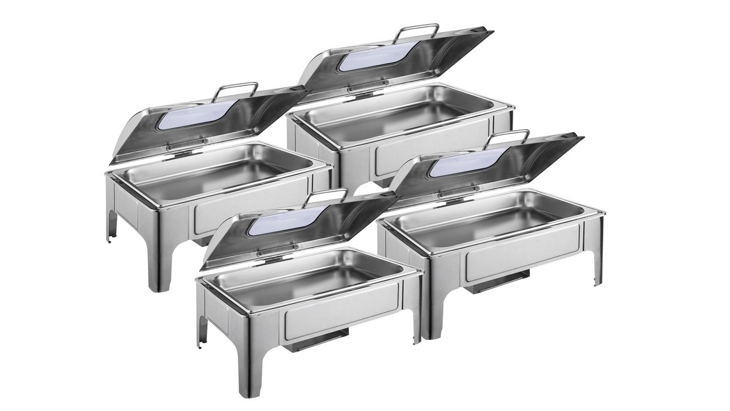 SOGA 4x 9L Rectangular Stainless Steel Soup Warmer Roll Top Chafer Chafing Dish Set with Glass Visual Window Lid