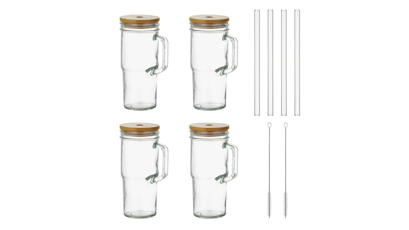 Set of 4 Bamboo Lids Straw Tumbler Glass Cup with Handle - 650ml