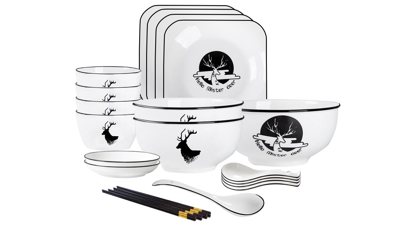 Soga Set of 13 White Antler Printed Ceramic Dinnerware Bowl Set with Square Plates