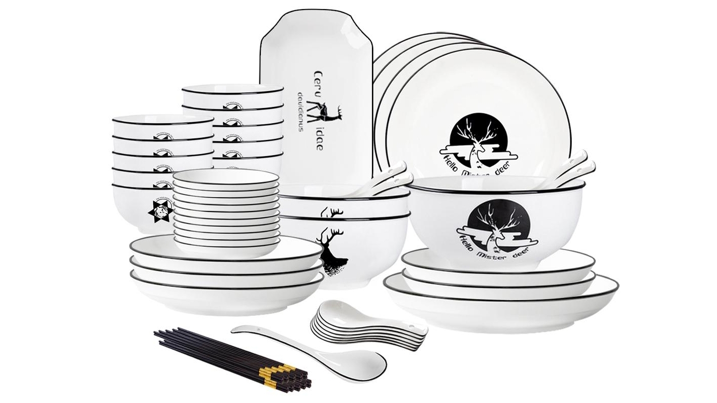 Soga Set of 34 White Antler Printed Ceramic Dinnerware Bowl Set with Round Plates