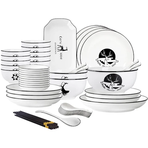 Soga Set of 34 White Antler Printed Ceramic Dinnerware Bowl Set with Round Plates