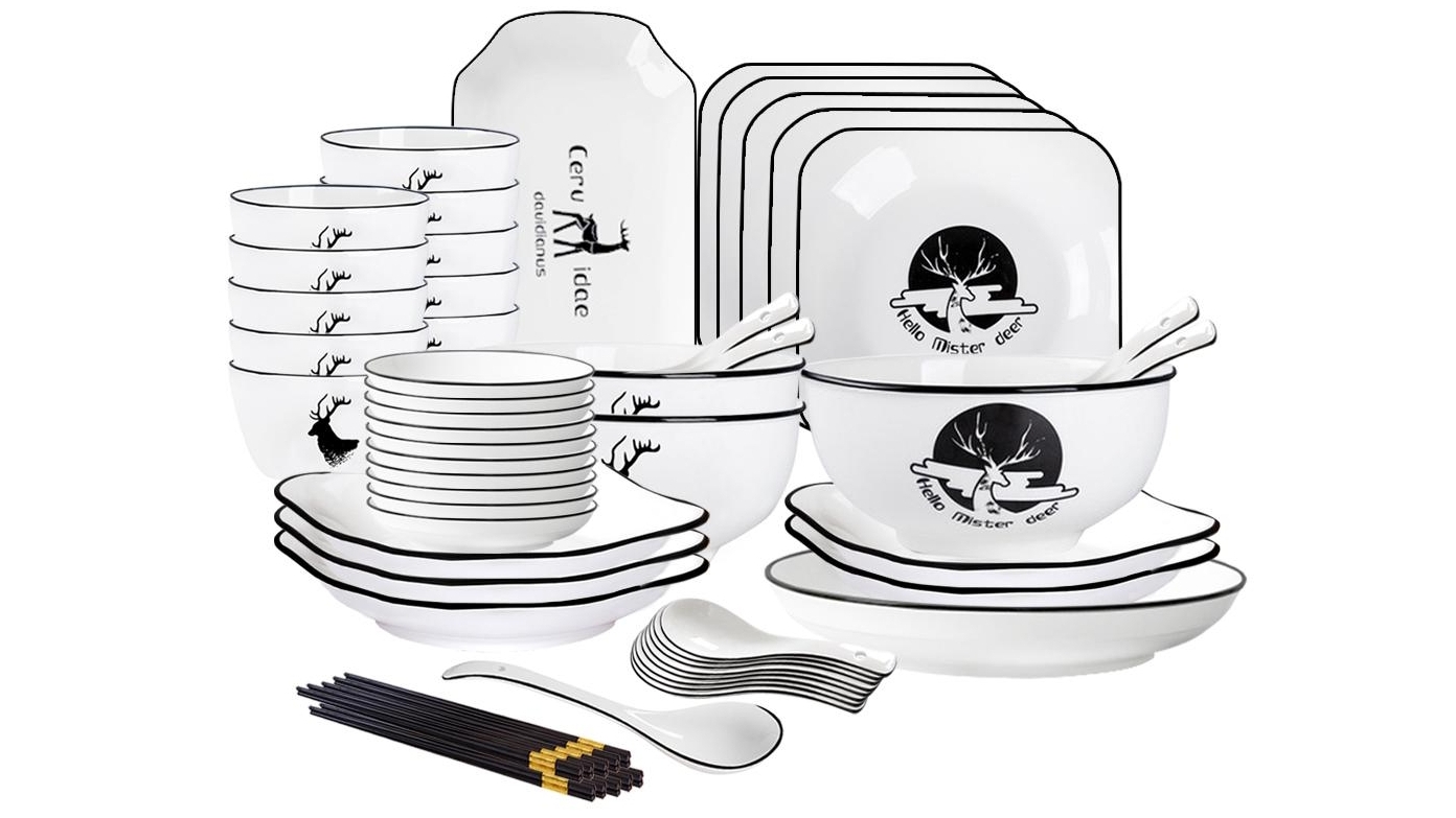 Soga Set of 34 White Antler Printed Ceramic Dinnerware Bowl Set with Square Plates