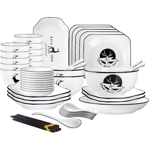 Soga Set of 34 White Antler Printed Ceramic Dinnerware Bowl Set with Square Plates