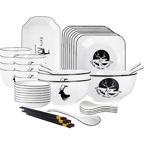 Soga Set of 28 White Antler Printed Ceramic Dinnerware Bowl Set with Square Plates