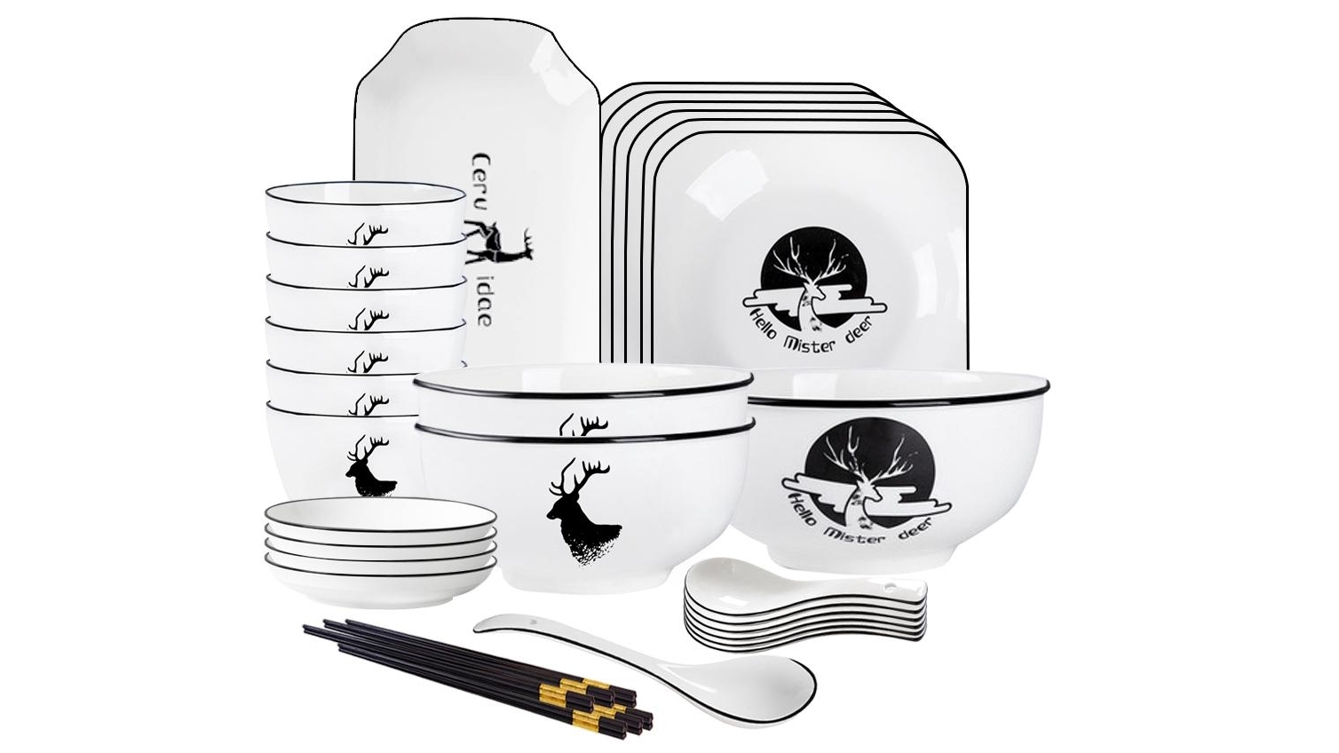 Soga Set of 20 White Antler Printed Ceramic Dinnerware Bowl Set with Square Plates