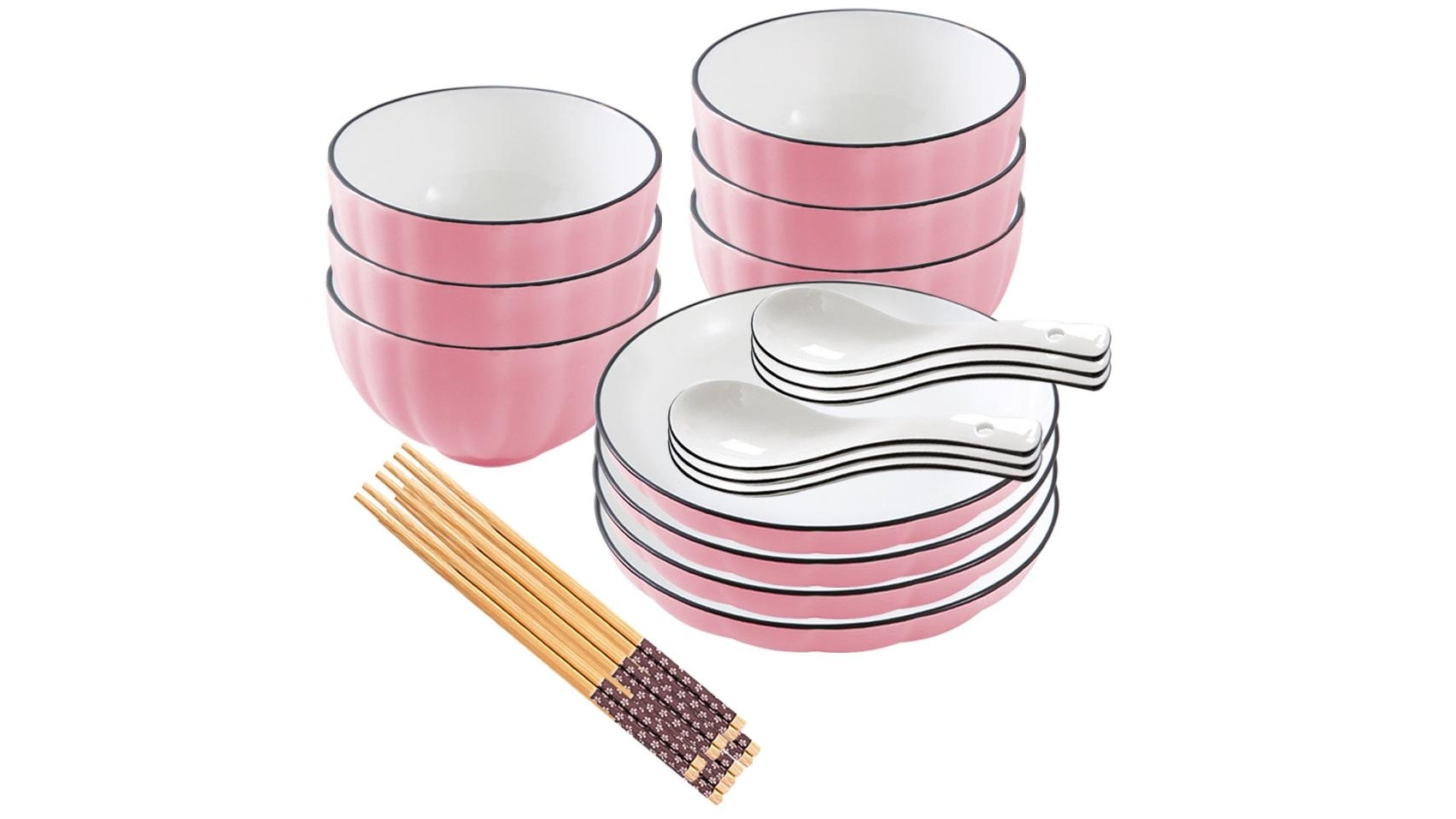 Soga Set of 10 Japanese Style Ceramic Dinnerware Bowl Set with Spoons - Pink