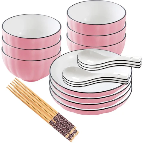 Soga Set of 10 Japanese Style Ceramic Dinnerware Bowl Set with Spoons - Pink