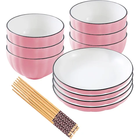 Soga Set of 10 Japanese Style Ceramic Dinnerware Bowl Set - Pink