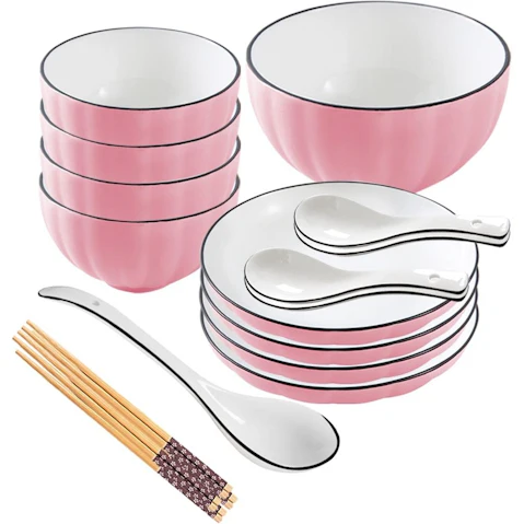 Soga Set of 9 Japanese Style Ceramic Dinnerware Bowl Set - Pink