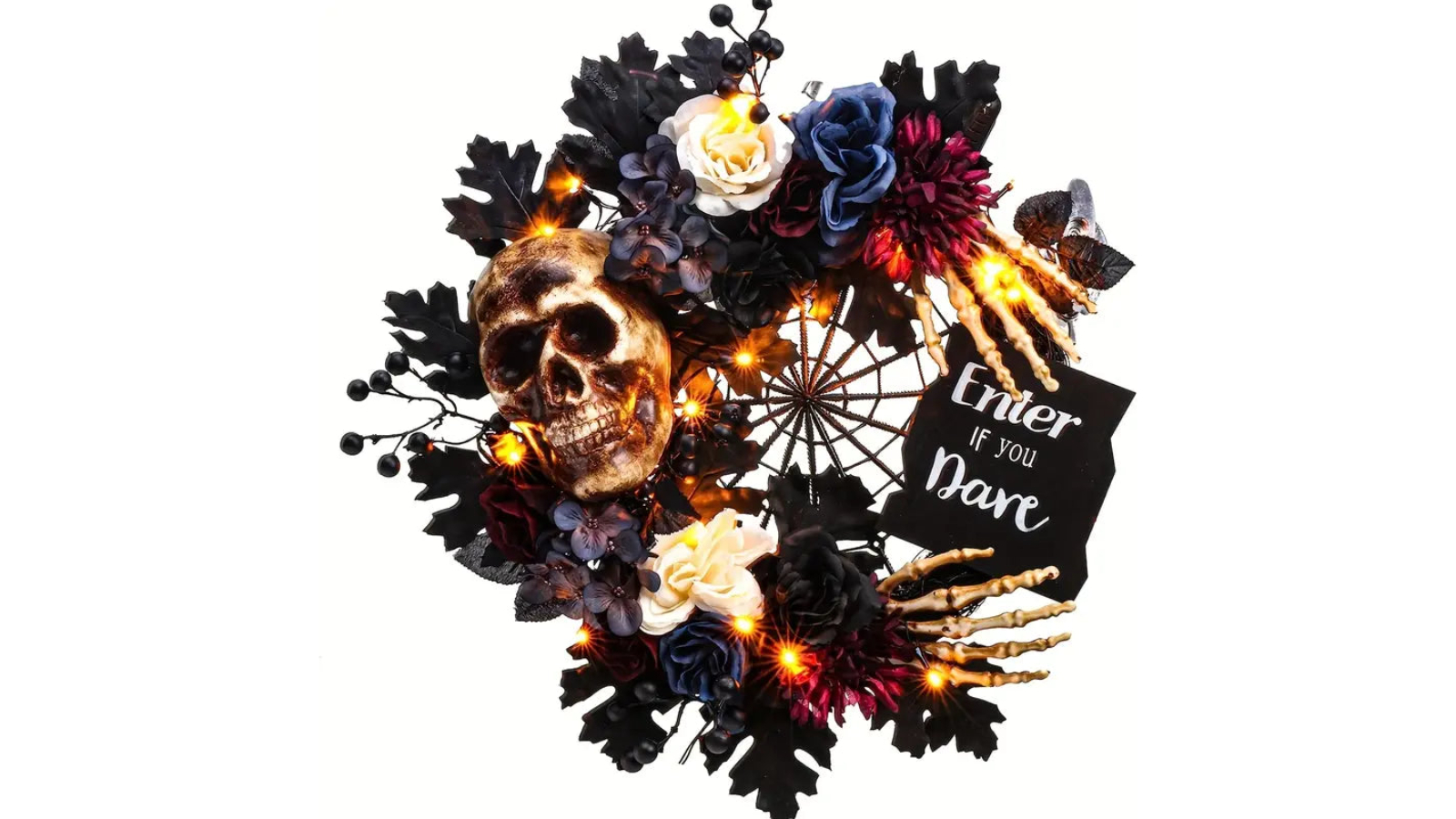 TM Eerie Illuminations Skull Wreath with Spider Web and LED