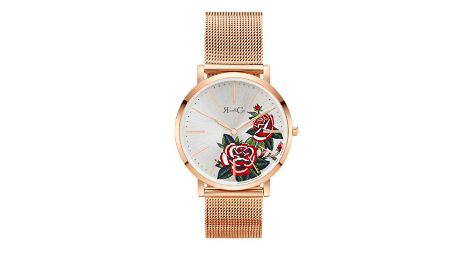 Rose and Coy 4cm Women's Quartz Art Series Ultra Slim Golden Red Rose Mesh Strap Watch - Rose Gold
