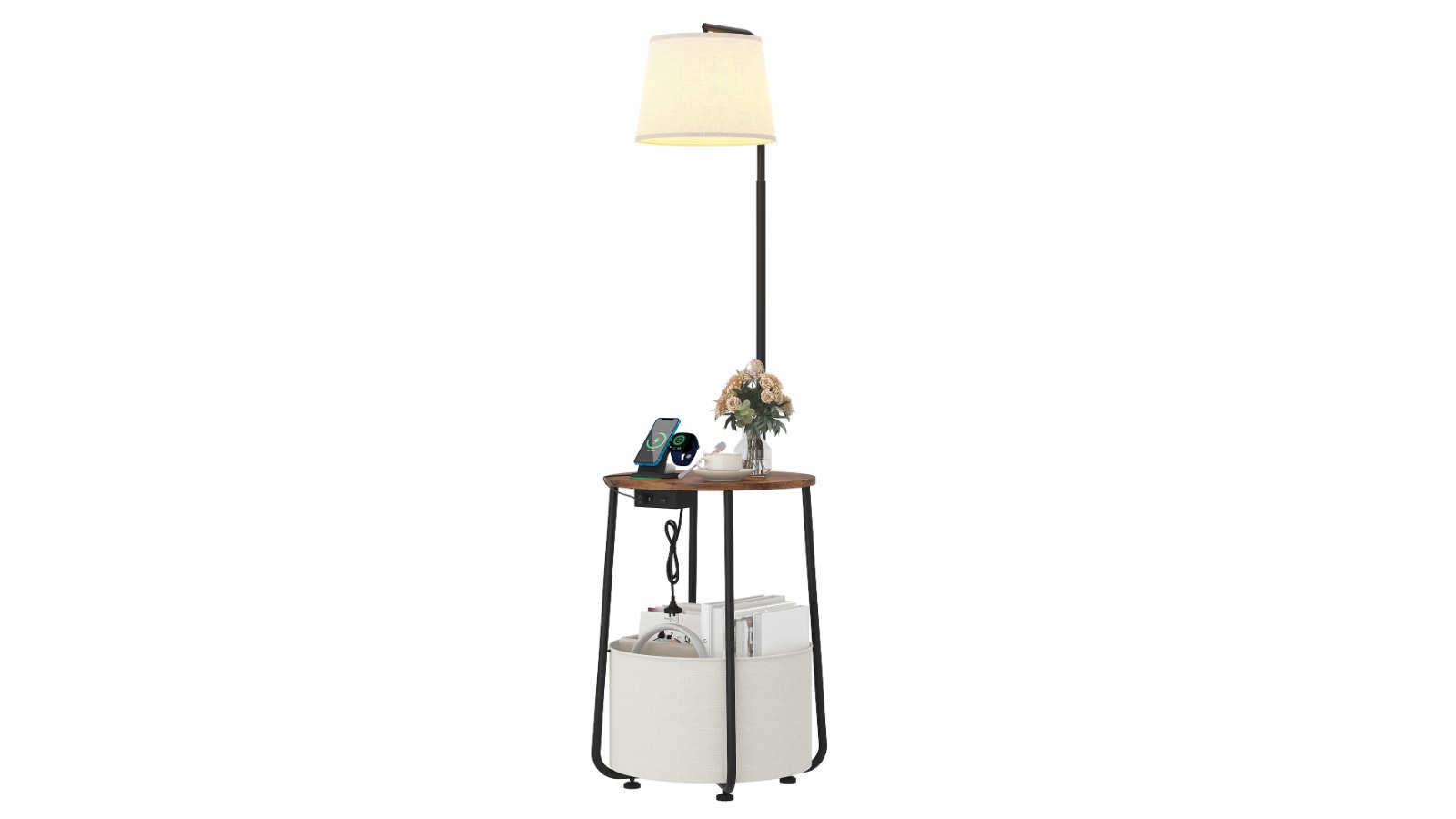 Advwin Floor Lamp with Round Side Table - Rustic Brown