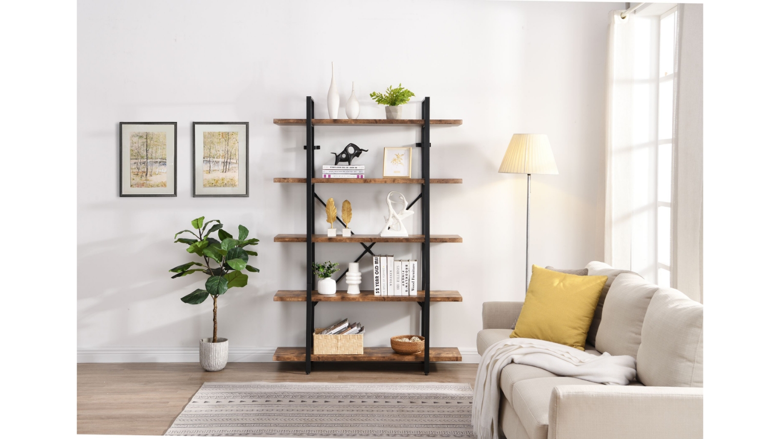 iHomdec 5Tier Rustic Dark Brown Industrial Bookshelf Harvey Norman