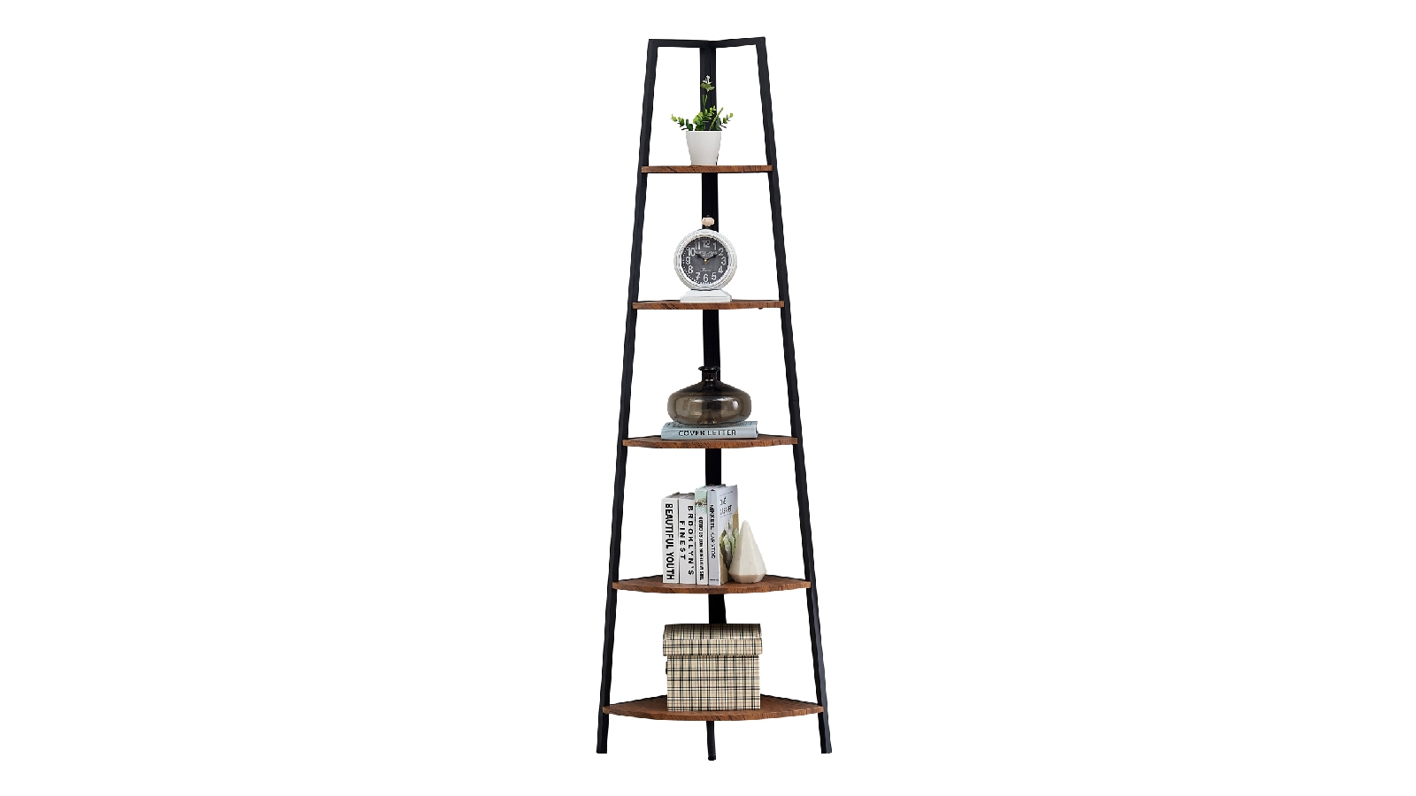 iHomdec 5 Tier A-Shaped Industrial Corner Shelves Bookcase Retro - Brown