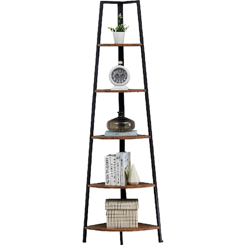 iHomdec 5 Tier A-Shaped Industrial Corner Shelves Bookcase Retro - Brown