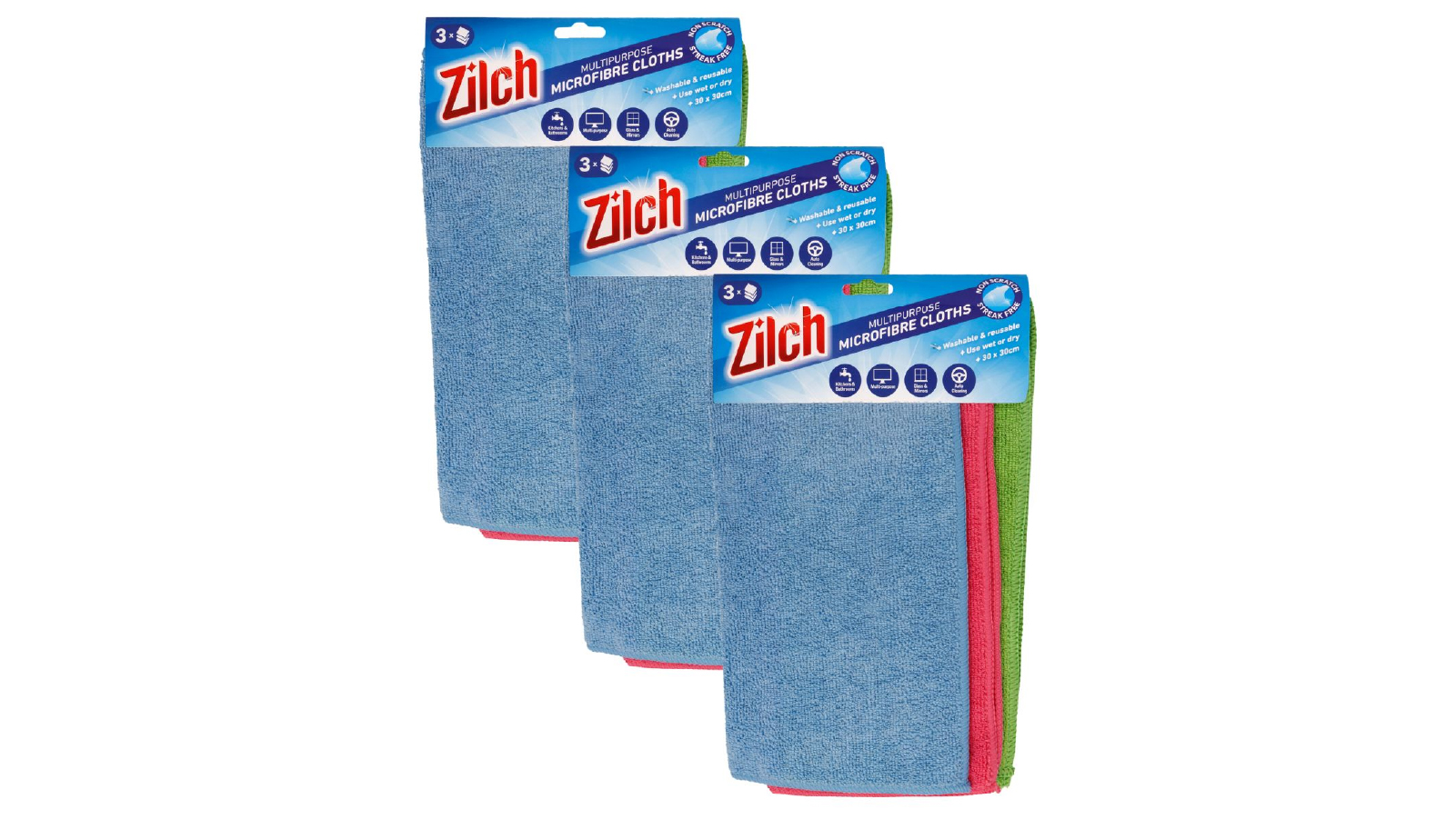 Zilch 3 Pack 30 x 30cm Microfibre Multipurpose Cloth Cleaning x 3