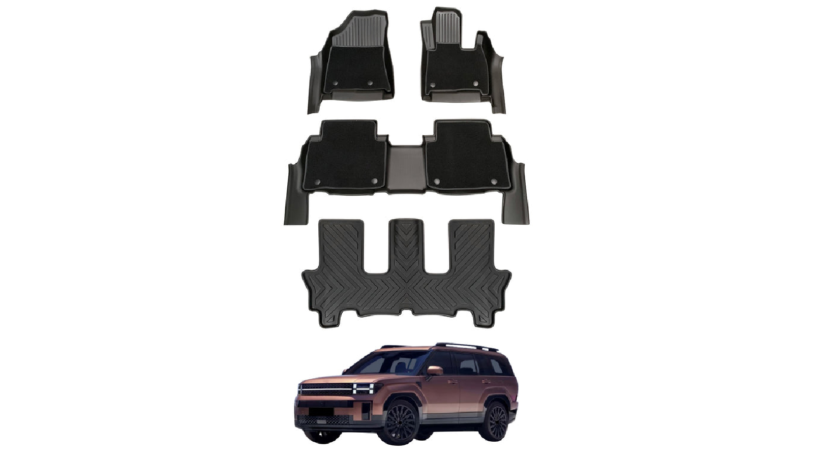 AUSGO Double Layer Car Floor Mats for Hyundai Santa Fe 7 Seater 2024 to Onwards 3 Row Set