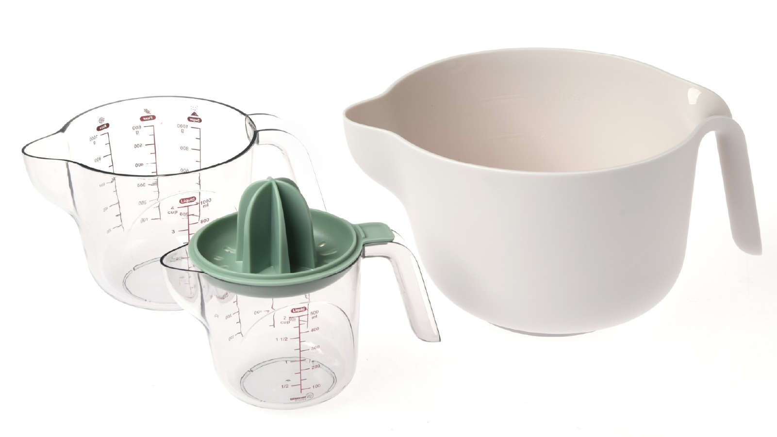 Gourmet Kitchen Modern 4 Piece Food Preparation Set with Mixing Bowl, 2 Measuring Cups and Juicer Olive