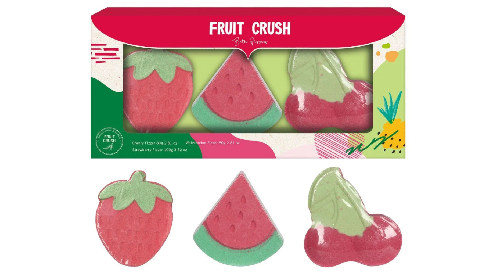 Fruit Crush 3 Piece Strawberry Watermelon & Cherry Bath Fizzer Gift Set 