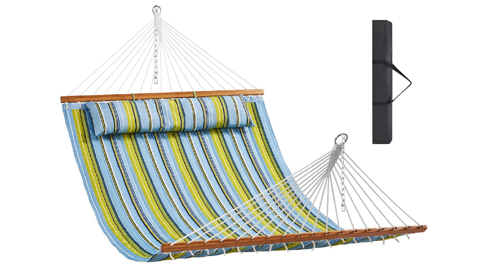 Pretty & Practical 12 Feet Double Quilted Hammock with Hardwood Spreader Bars with Detachable Pillow and Chains for Camping Outdoor
