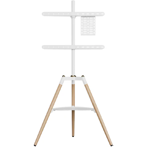 Screenmounts White Iron Tray Style with Tri Legged Beech Wood TV Stand Mount Bracket