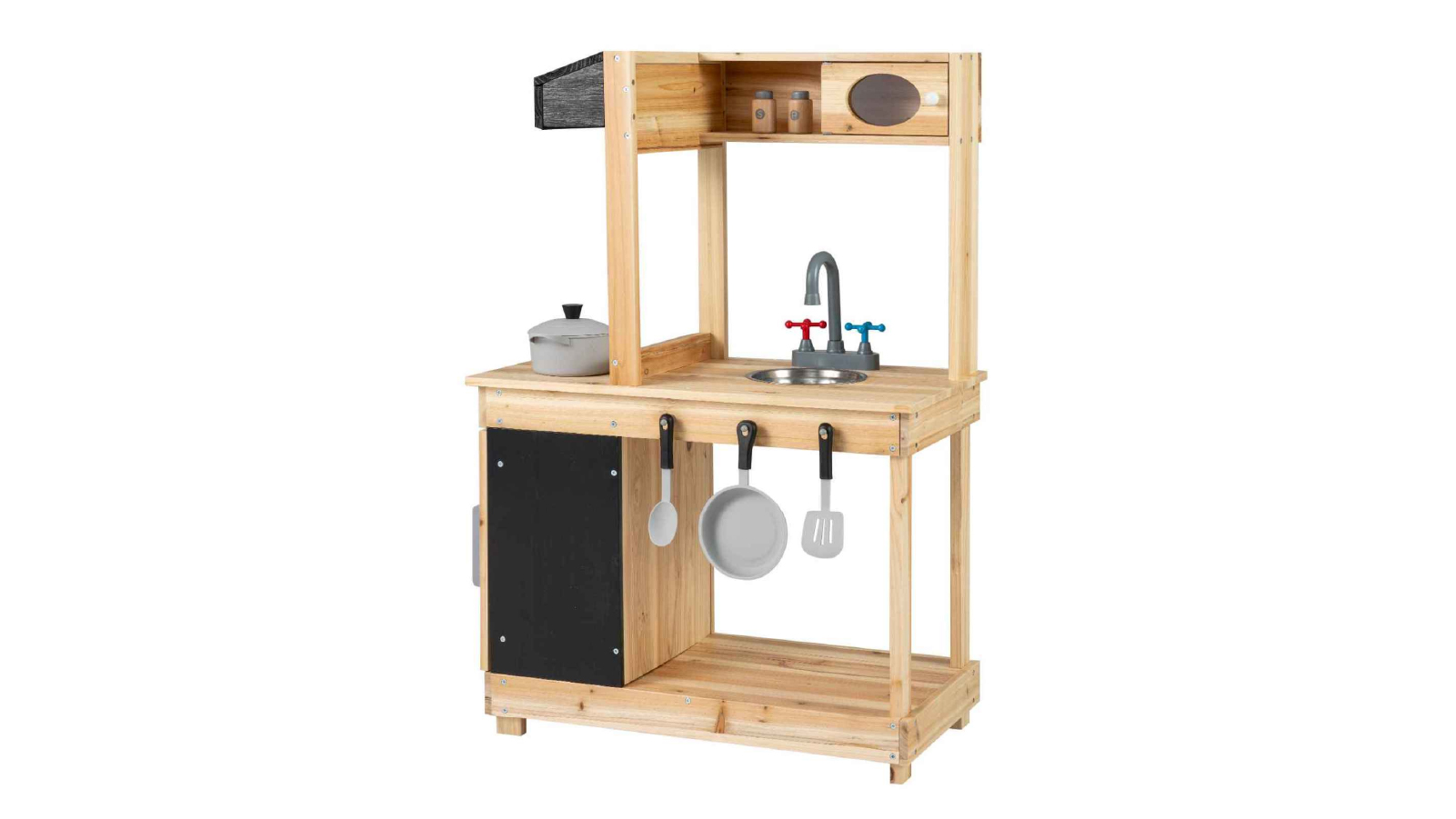 Costway Outdoor Mud Wood Play Chef Pretend Kitchen Toy with Stoves Sink Faucet Chalkboard Cabinet Shelf Accessories