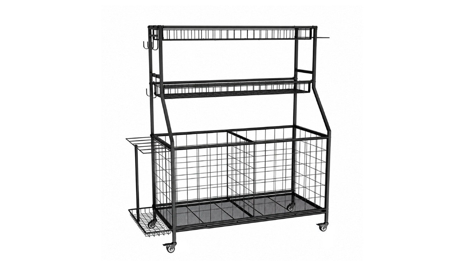 Sports Equipment Storage Trolley, Rolling Garage Organiser Ball Cart for Toys with Hooks and Wheels