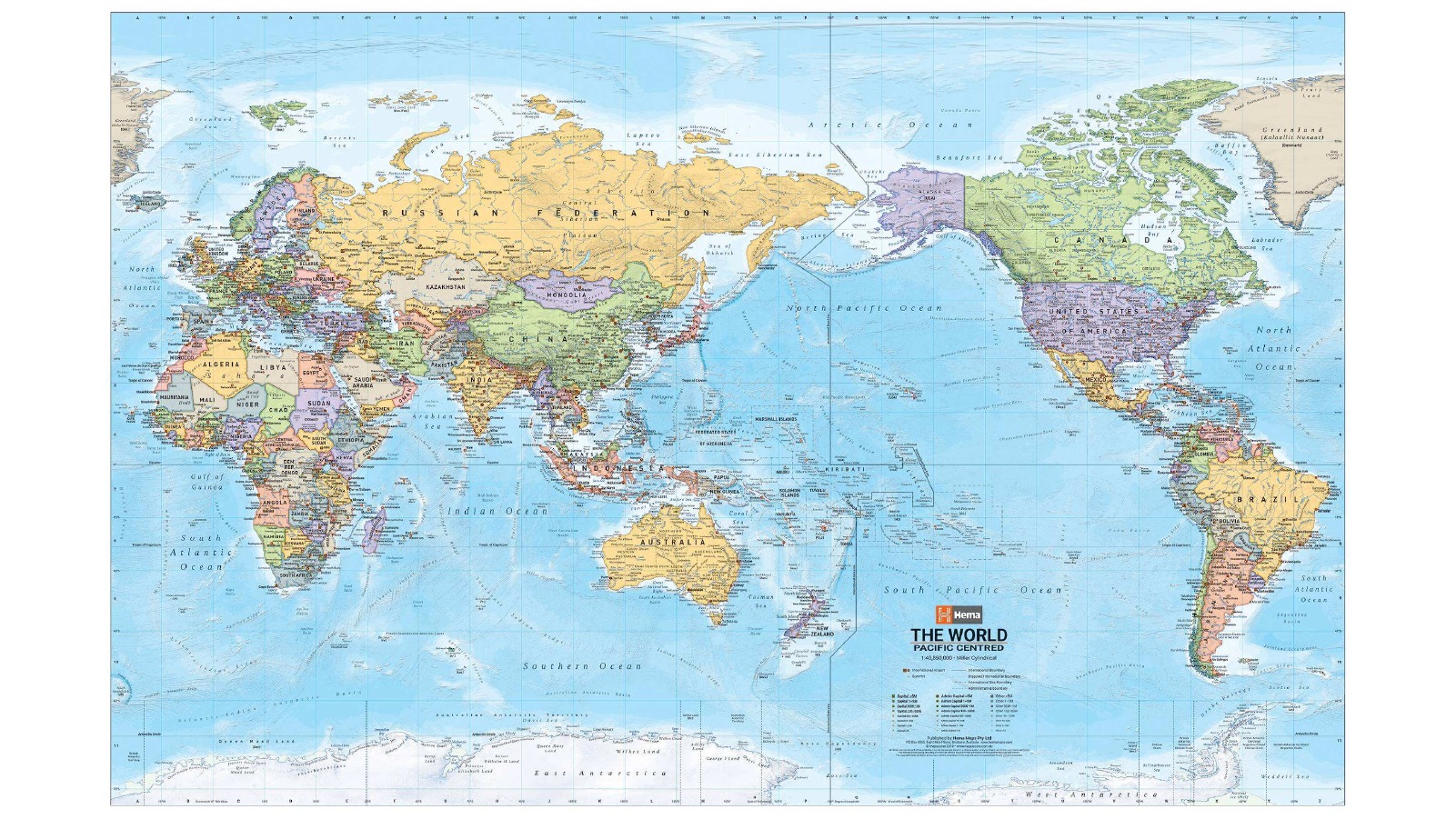 Hema Maps Laminated Paper World Pacific Centred Wall Map