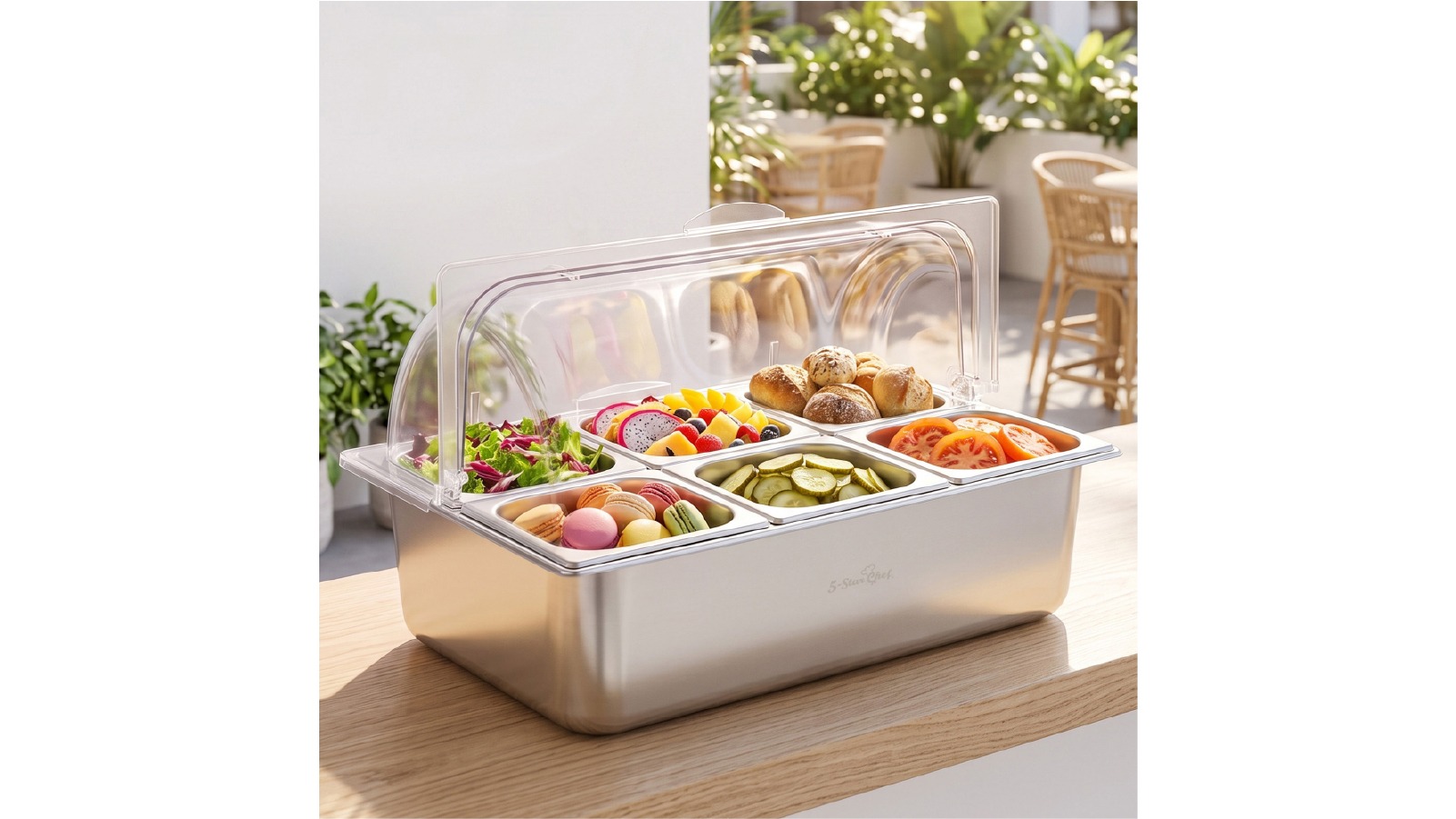 5-Star Chef 6 Pan Food Serving Display Stainless Steel Cooler Platter with Clear Roll Top Cover