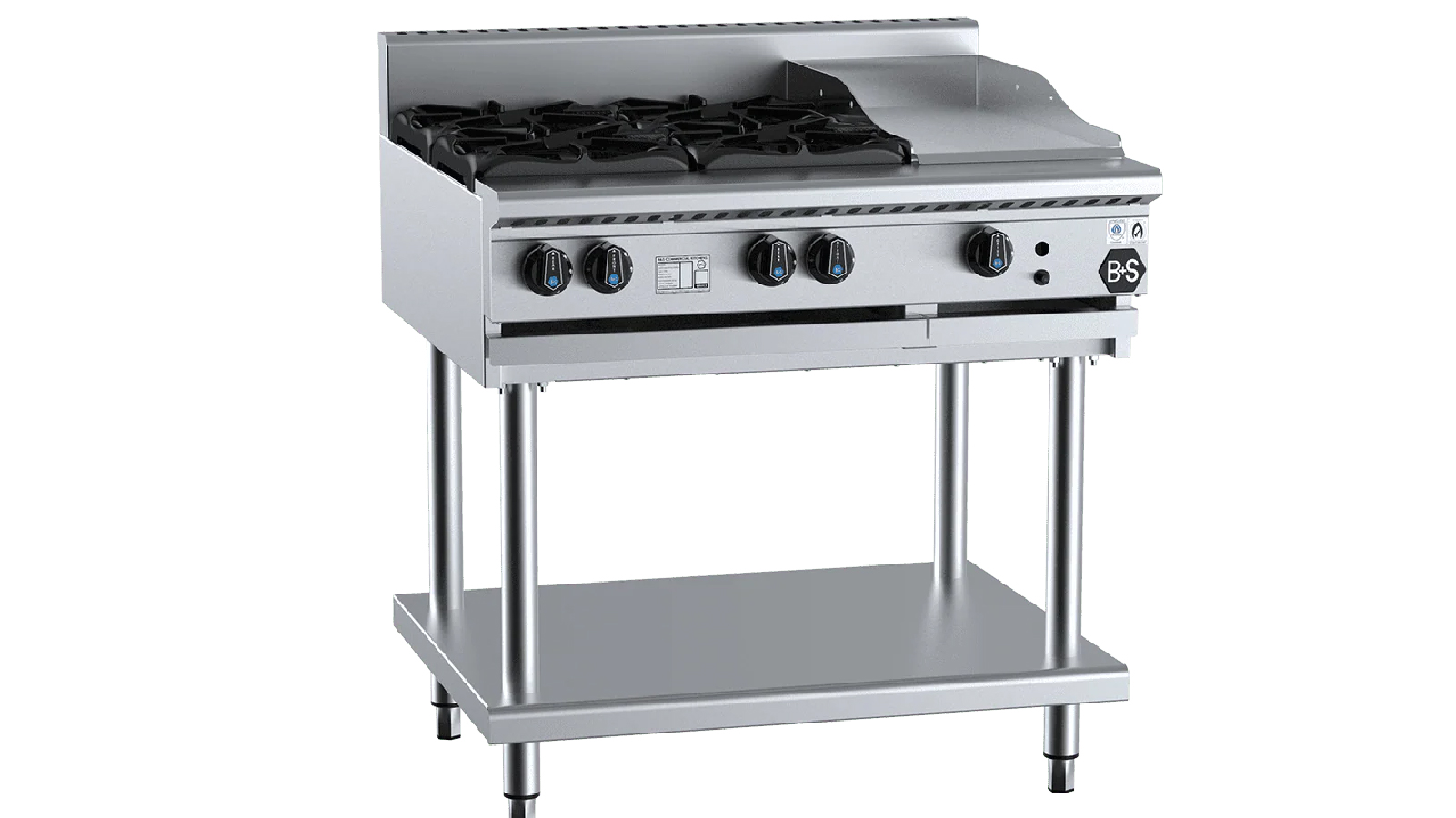 B+S Black Combination Four Open Burners and 300mm Grill Plate LPG