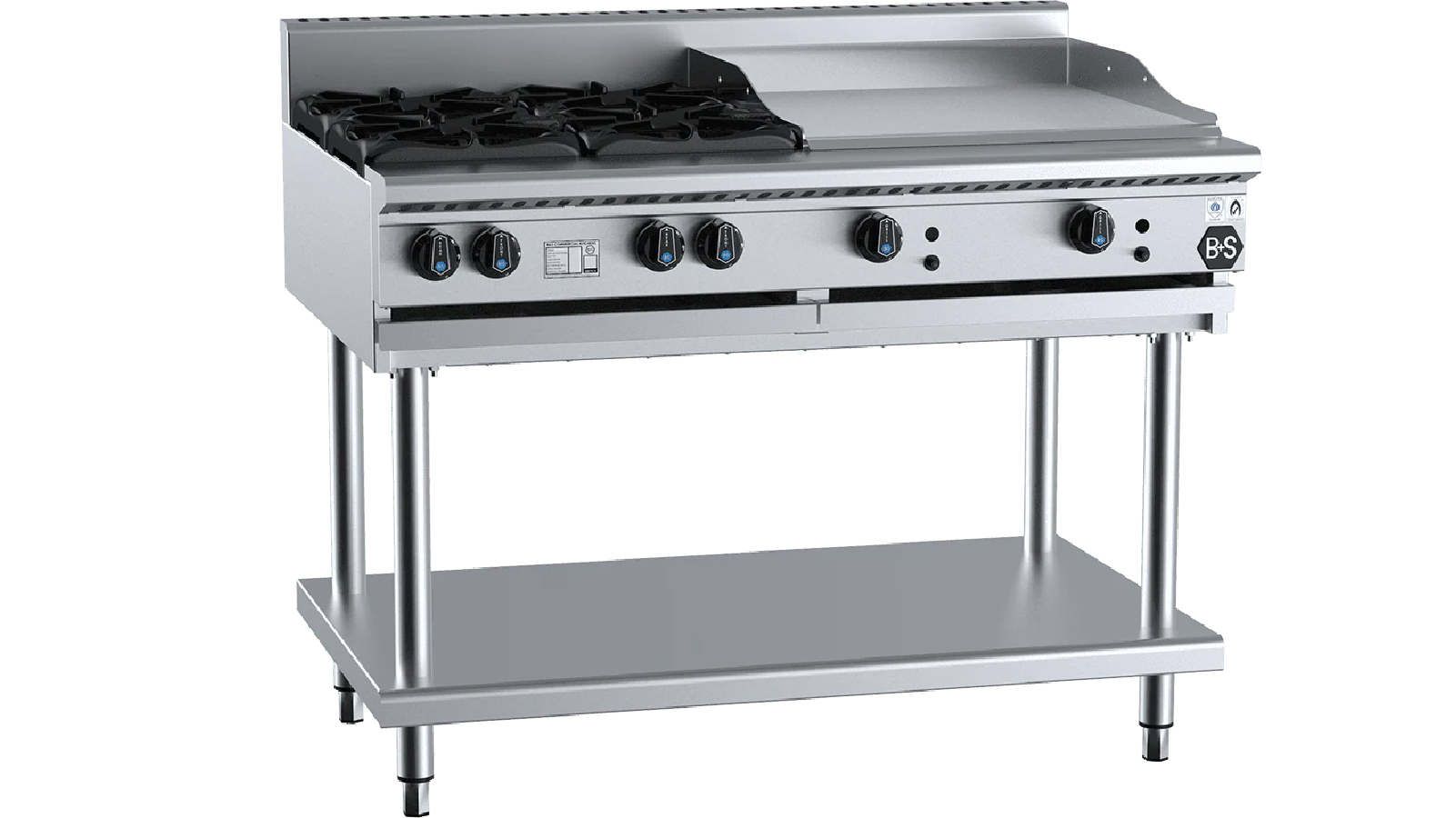 B+S Black Combination Four Open Burners and 600mm Grill Plate LPG