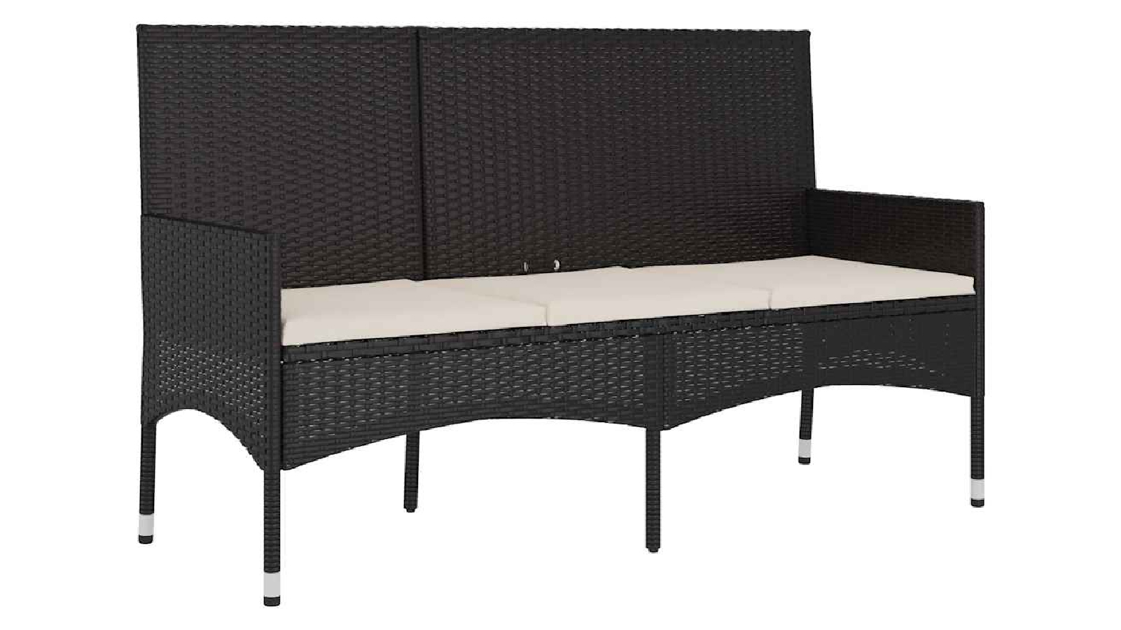 VidaXL 3 Seater Black Poly Rattan Garden Bench with Cushions - Black