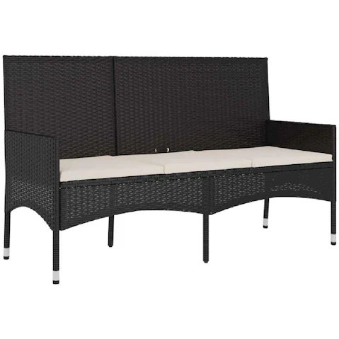 VidaXL 3 Seater Black Poly Rattan Garden Bench with Cushions - Black