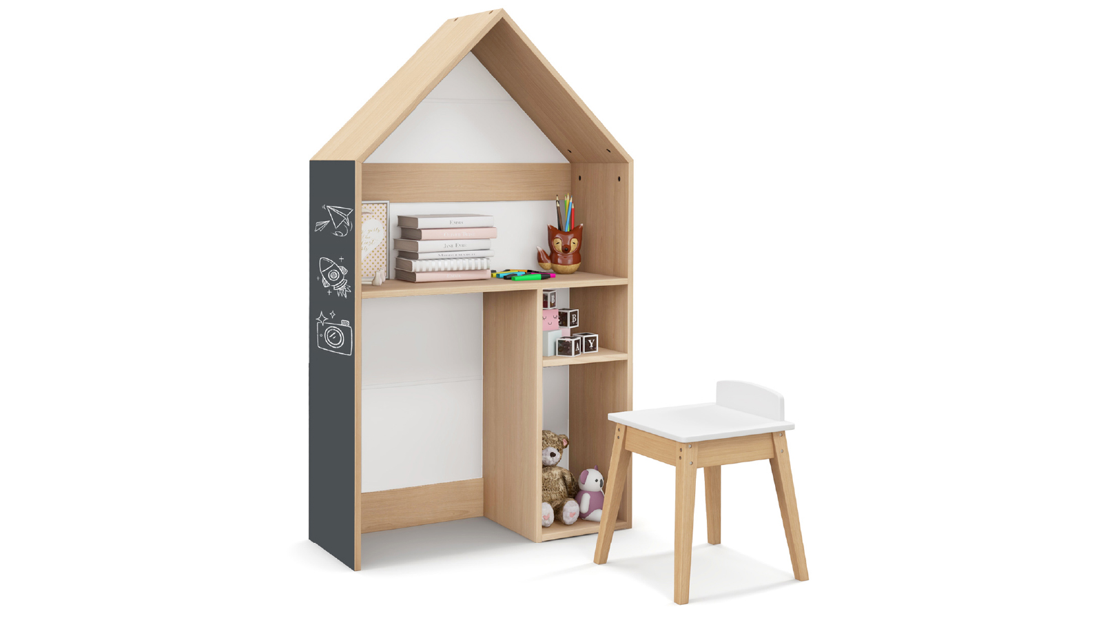Costway 2 in 1 House Shaped Bookshelf Table and Chair Set with Blackboard