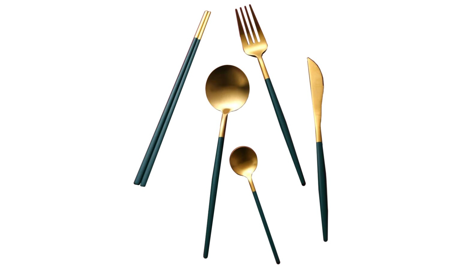 Cadence & Co. 30 Piece Hemingway Cutlery and Chopstick Set - Matte Green/Gold